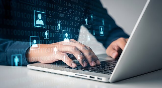 A person typing on a laptop with binary code and social icons overlaid on the screen