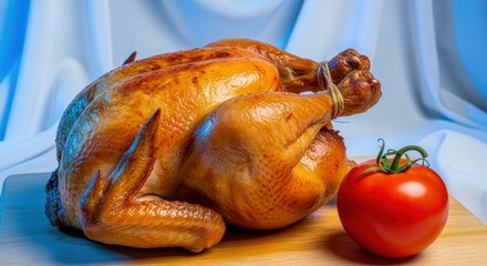 Roasted Chicken with Tomato on Wooden Board, Delicious Meal Preparation, Healthy Recipe Concept