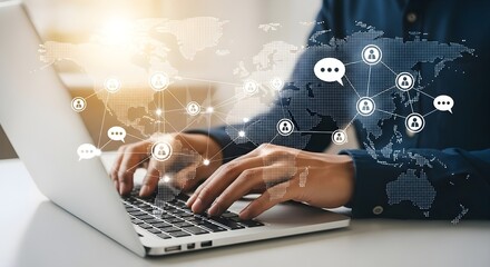 A person typing on a laptop with a world map and social network icons overlaid on it
