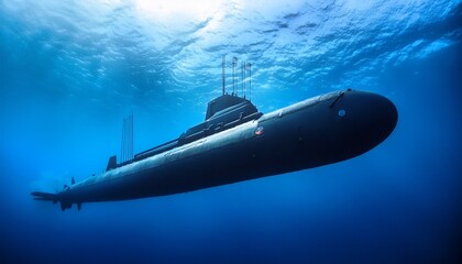 underwater military submarine cruising silently in deep blue ocean depths