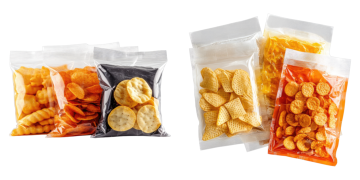 Set of plastic snack bags isolated on transparent background