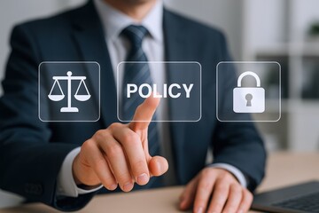 Policy Concept: Businessman Interacting with Virtual Interface Representing Regulations, Security, and Legal Compliance