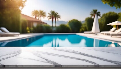 Fototapeta premium white marble top with blurred swimming pool background ideal for product mockups and advertising designs