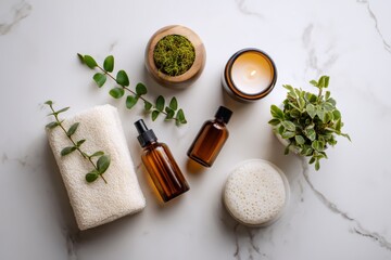Spa and Wellness Still Life: Aromatherapy Oils, Candle, and Plants on Marble Background