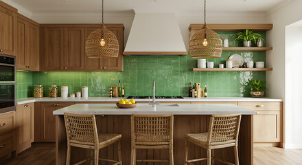 Fototapeta premium Modern kitchen design with island, wicker pendant lights, and green tiles
