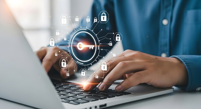 A person typing on a laptop with a padlock icon hovering above them, representing secure technology