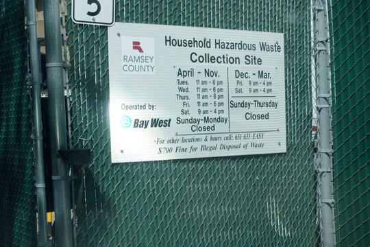 Sign giving the hours for the Household Hazardous Waste Collection Site. St Paul Minnesota MN USA