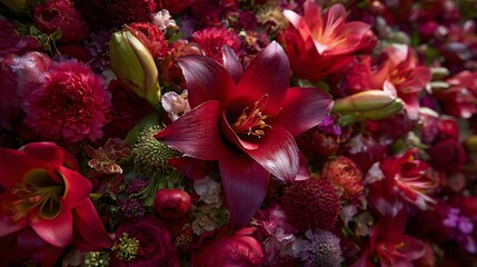 A Vibrant Tapestry of Crimson Blooms A Stunning Floral Arrangement Featuring Roses Lilies and Dahlias in Deep Red Hues