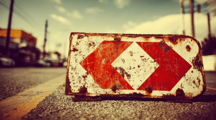Weathered Road Sign with Red Arrows Directing Traffic, Showing Age and Urban Decay in an Outdoor Setting