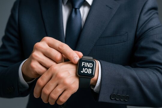 Man in Suit Checking Smartwatch for Job Opportunities, Emphasizing Modern Career Search and Time Management