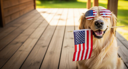 funny patriotic golden retriever dog with american flag and sunglasses