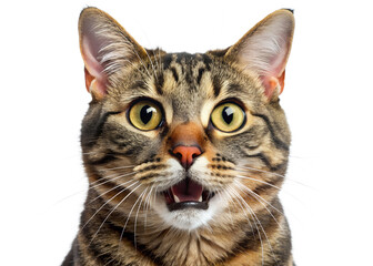 Closeup portrait of a surprised tabby cat with mouth open, isolated on transparent background