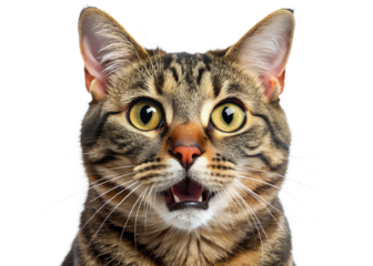 Closeup portrait of a surprised tabby cat with mouth open, isolated on transparent background
