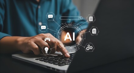 A person typing on a laptop with a futuristic interface featuring icons representing artificial intelligence concepts