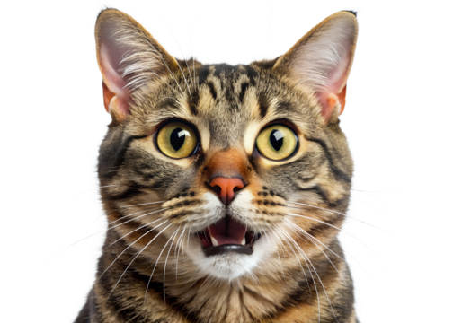 Closeup portrait of a surprised tabby cat with mouth open, isolated on transparent background