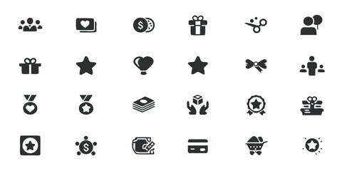 Loyalty Reward Icons Solid Black Vector Pack – Customer Appreciation, Membership Programs, and Incentive Campaign Symbols

