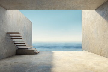 Modern concrete steps leading to a sea view.