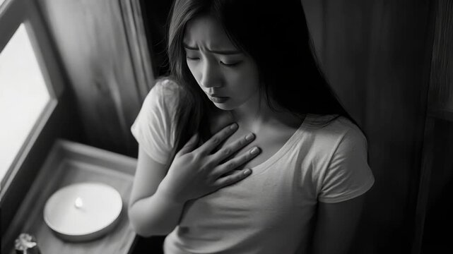 Young woman experiencing a heart attack or other serious medical issue.