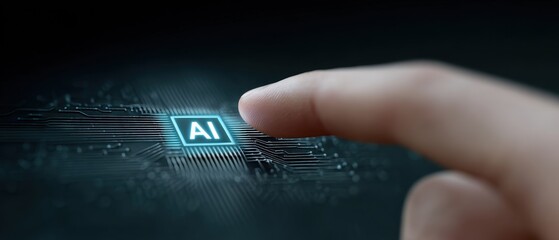 Artificial Intelligence Activation: Finger Touching Glowing AI Chip on Futuristic Circuit Board Interface.