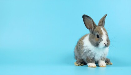 Small fluffy rabbit against light blue background