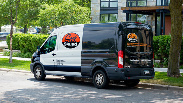 Best Buy's Geek Squad truck delivering or repairing electronic equipment. Minneapolis Minnesota MN USA