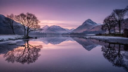 Fototapeta premium Tranquil Lake District Morning: Reflections on Still Waters with Mountain Backdrop and Dawn Light