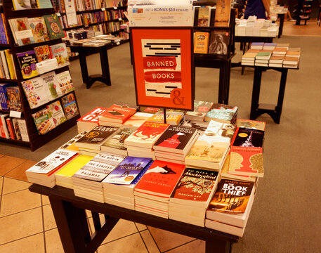Table of banned books for sale at Barnes and Noble Book Sellers. St Paul Minnesota MN USA