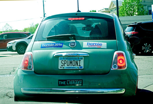 Political Bernie bumper stickers and spumoni designer license plate which may have a political spin and a great ice cream. St Paul Minnesota MN USA
