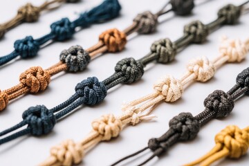Colorful knotted cords arranged in rows.