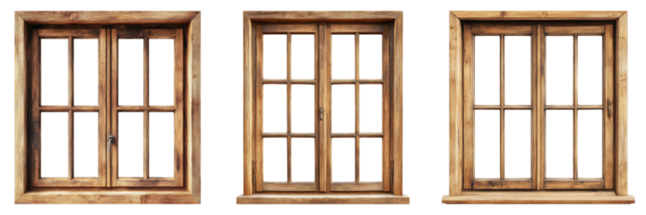 Set of natural wooden window frame isolated on transparent background