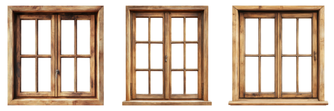 Set of natural wooden window frame isolated on transparent background