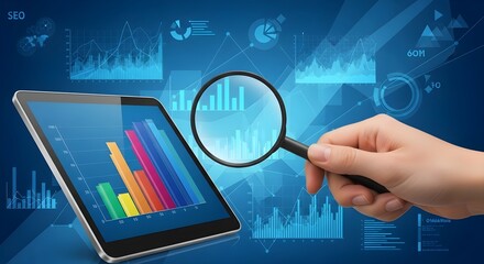 A hand holding a magnifying glass over a tablet displaying graphs and charts on a blue background