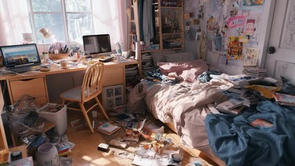 Messy bedroom interior, cluttered living space, untidy room with scattered items, disorganized bed and floor, casual chaotic home environment, lived-in personal space