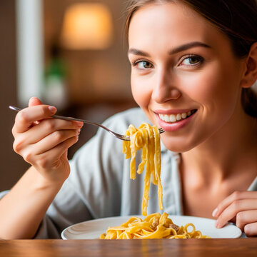 A close-up shot of a smiling young woman eating pasta.

