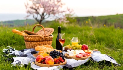 Picnic basket filled with food in grass
