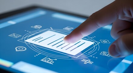 A finger pressing a button on a tablet with a graphical interface featuring line icons and graphs