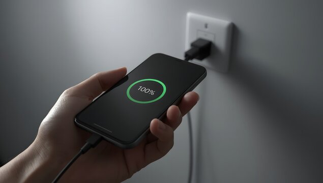 smartphone with fully charged battery held in realistic human hand