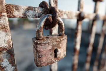Rusted Padlock Hanging on Weathered Old Gate