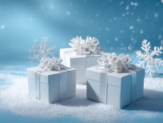 雪景色とリボン付きプレゼントボックス