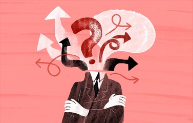 businessman with speech bubble, question mark and arrows