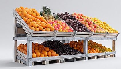Wooden fruit display stand with various fruits.