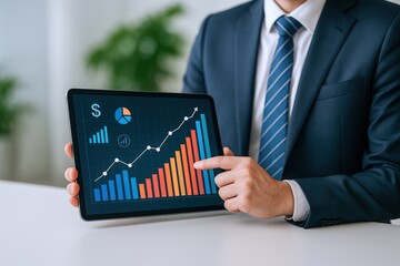 Business Professional Presenting Growth Chart on Tablet, Demonstrating Success and Positive Market Trends