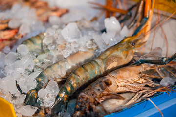 Fresh seafood display at bustling thailand fish market in vibrant setting