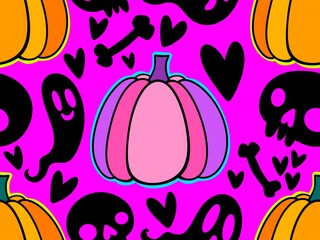 Autumn harvest vegetable seamless monster Halloween pumpkins pattern for wrapping paper and fabrics