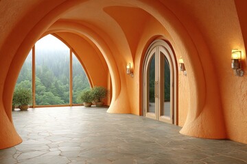 Fototapeta premium Orange interior hallway with large windows showcasing a forest view.