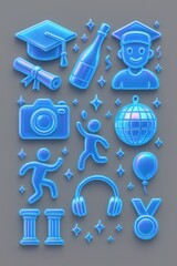 Holographic icons vibrant collection, element set on transparent background theme party and graduation