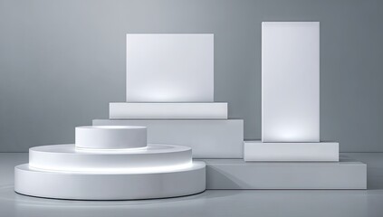 Fototapeta premium Minimalist white display podiums and blank spaces.
