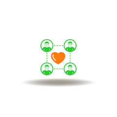 Vector illustration of network or flowchart of user or people with heart. Symbol of social group. Icon of community.