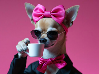 Chihuahua enjoys coffee with style, sporting sunglasses and a bow headband against a solid pink background