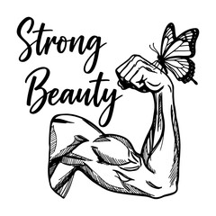 butterfly on a muscular hand showing biceps, strong beauty sketch